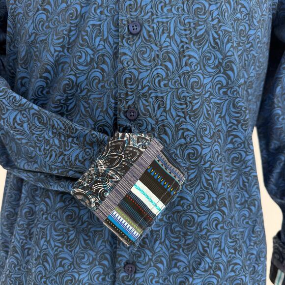 Robert Graham Woven Button Front Long Sleeve Bogart Navy Blue Black Damask M - Picture 4 of 9